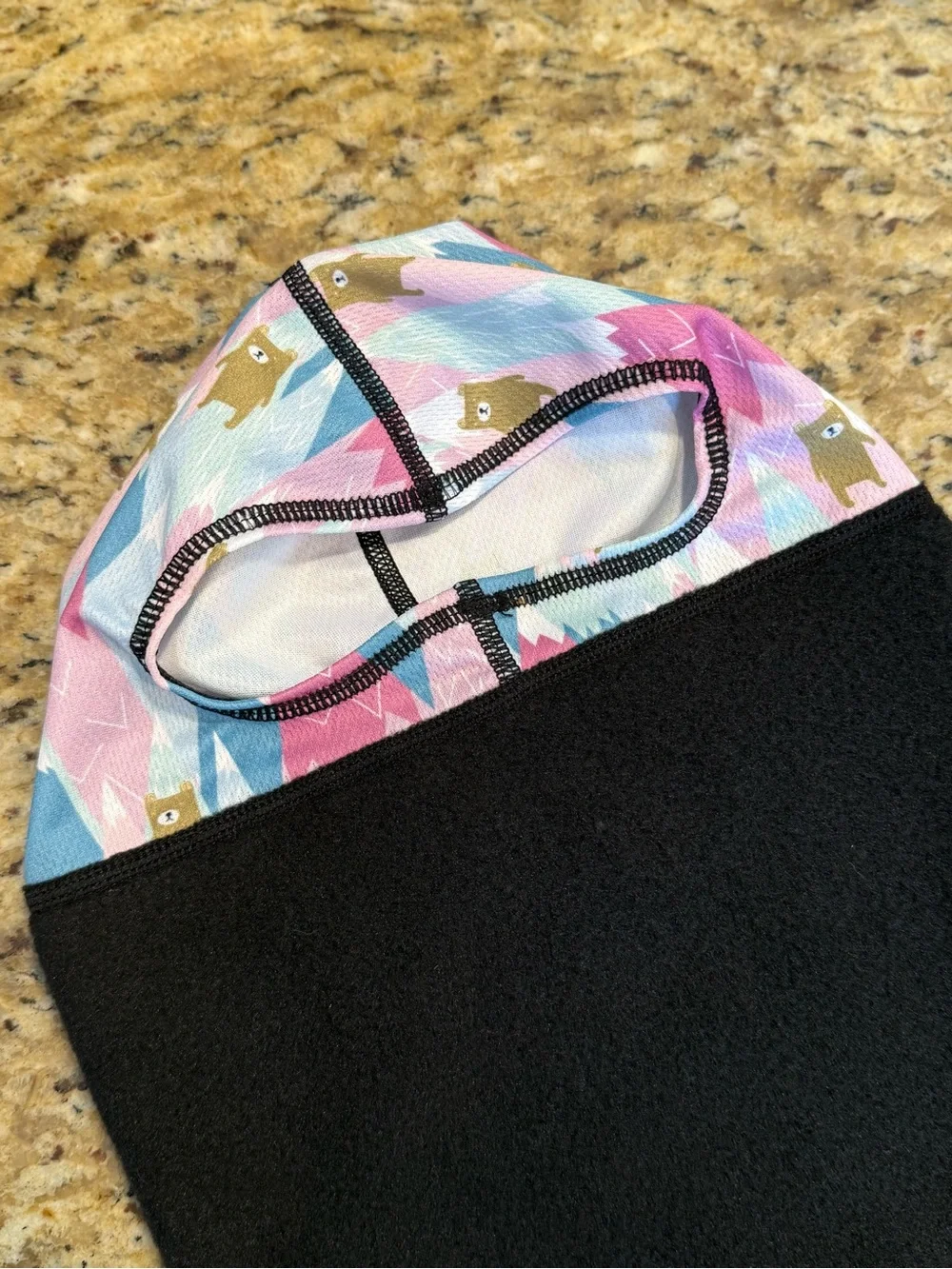 Black Fleece Balaclava Beanie with Pink & Blue Patterned Top - Child